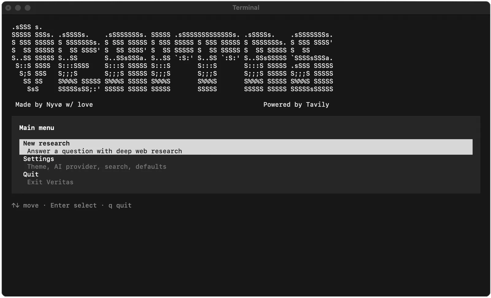 A Veritas terminal session decomposing a question and writing a sourced report